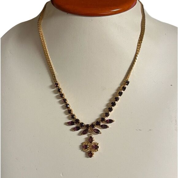 Vintage Prong Set Ruby Stone Dangle Gold Tone Women’s Necklace Estate Jewelry - Picture 2 of 11